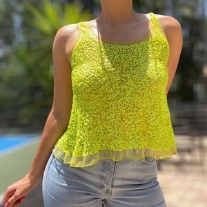 Chan Luu Handmade Sequined Sleeveless Mesh Vintage Blouse With Ruffled Hem Style